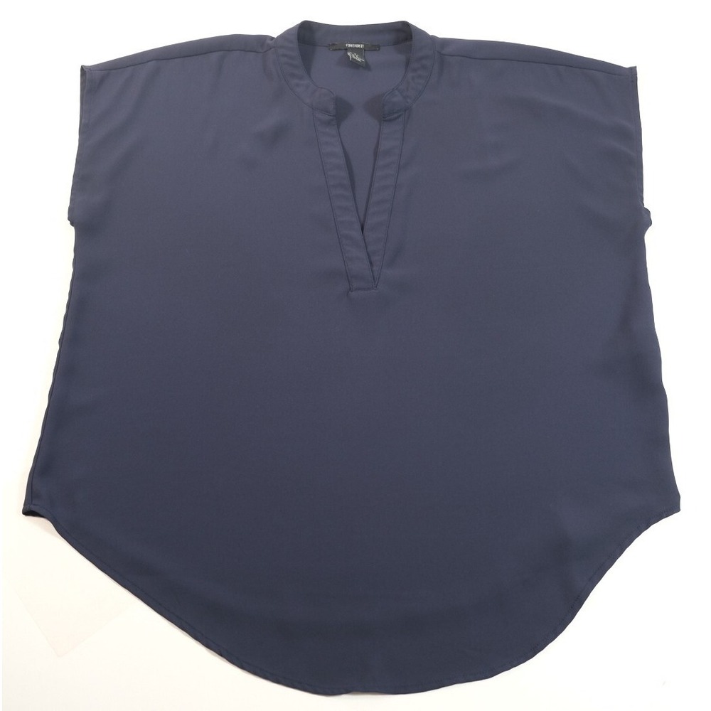 Forever 21 Blouse Womens S Navy Blue Split Neck‎ Short Sleeve High Low Hem Top